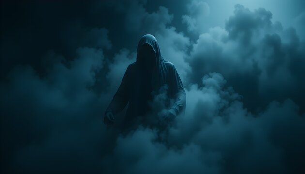 Silhouette fantomatique inqui&eacute;tante dans la brume noire pour Halloween.