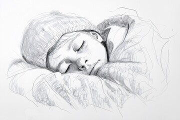 Loose pencil sketch representing a child sleeping with a blanket and a winter hat, conveying feelings of peace, warmth, and childhood innocence