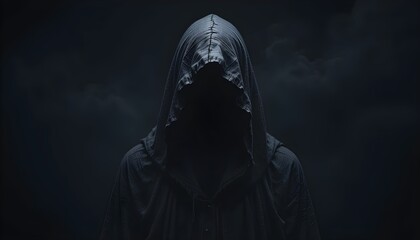 Silhouette fantomatique inqui&eacute;tante avec capuche sur fond noir.