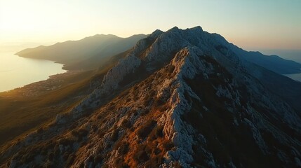 Coastal mountain range sunset aerial view. Use travel brochure.