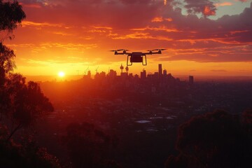Drone flies over Sydney skyline during a stunning sunset with vibrant clouds and silhouettes of buildings