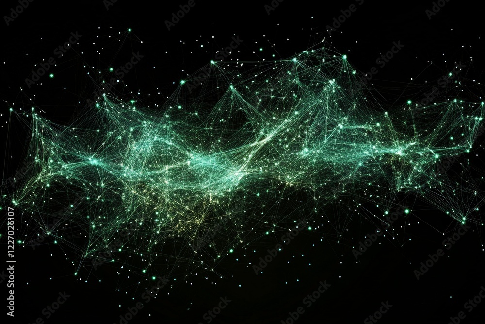 Aufkleber Abstract visualization of interconnected points and lines in a galaxy-like pattern using green hues