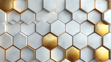 3D white and gold color hexagon tiles pattern shape background