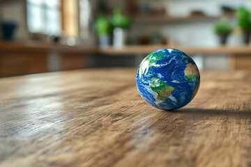 Global globe resting on a wooden table in a modern kitchen setting with plants in the background