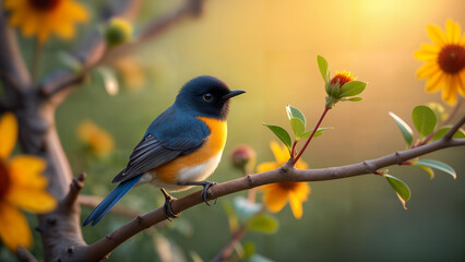 Obraz premium Fairywren in a Sunlit Flowered Environment
