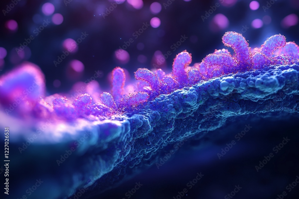 Poster Vibrant microscopic view of cellular structures showcasing energy and motion in a fantastical world of colors