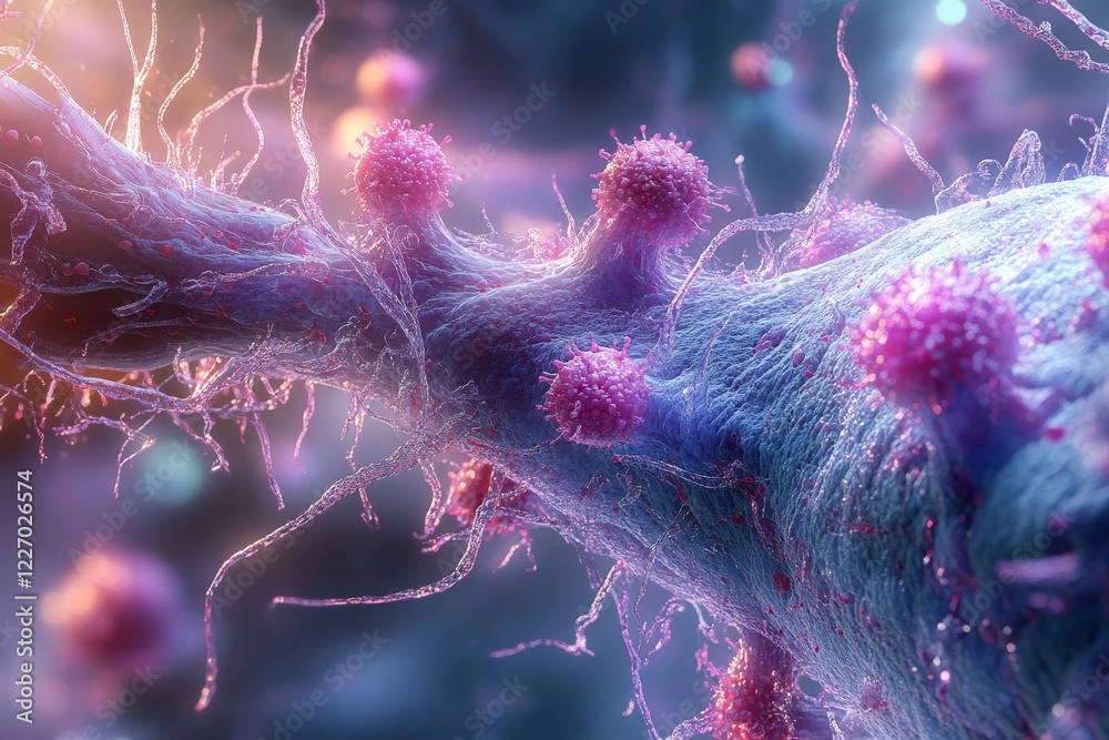 Poster Vibrant microscopic view of neurons with pink synapses during a cellular interaction in a biological environment