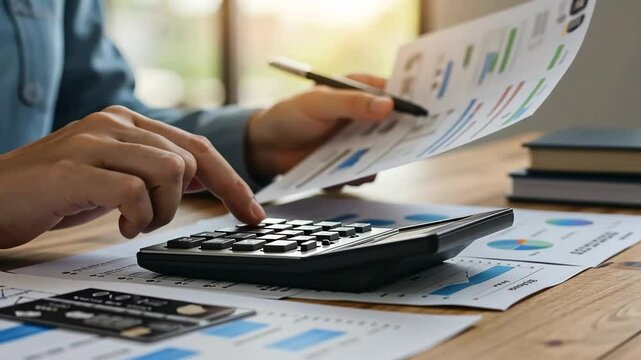 Calculator, hands and financial analysis with report, document and accounting. Person, budget, graphs and numbers with research, business, audit or debt concept