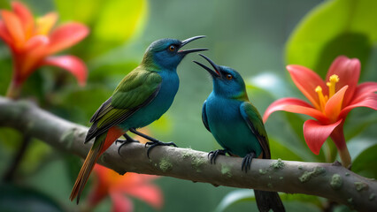 Fototapeta premium Red-legged Honeycreeper Singing in Tropical Habitat