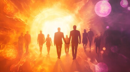 people walking towards bright light