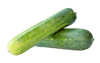 Side view of two long green cucumbers in stack and cross shape in horizon isolated with clipping path in png file format