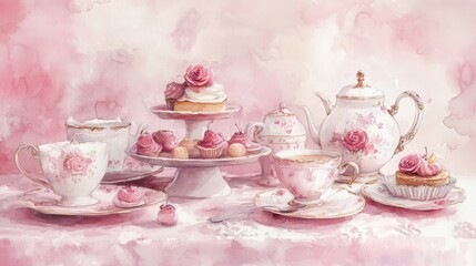 Fototapeta premium Watercolor illustration of British afternoon tea,tea break in the English style,tea set with Afternoon tea stand with macaroons and scone,cake,cup of tea,Tea time dessert table,vintage style.