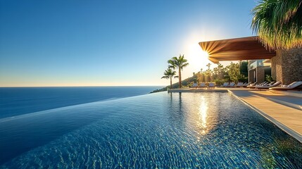 Fototapeta premium luxurious infinity pool villa overlooking the ocean at sunset