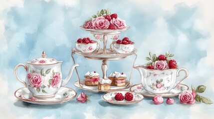 Fototapeta premium Watercolor illustration of British afternoon tea,tea break in the English style,tea set with Afternoon tea stand with macaroons and scone,cake,cup of tea,Tea time dessert table,vintage style.