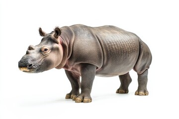Obraz premium Young rhinoceros standing against white background.