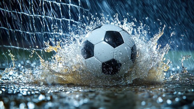 Intense soccer match under heavy rain stadium action shot dynamic environment close-up view thrilling sports experience