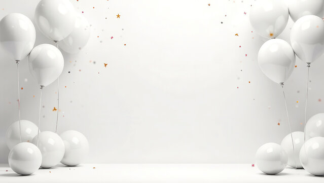 Total white festive empty room mockup scene with a blank space for text, minimalistic party style with white balloons and golden confetti, elegant Surprise holiday concept, studio light