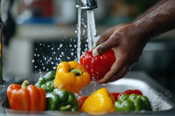 A close-up of hands holding a red bell pepper under a stream of running water, illustrating the significance of washing produce to maintain its quality and healthiness.