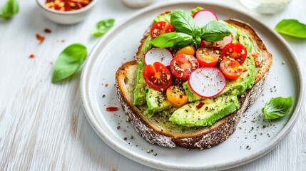 A delicious and vibrant avocado toast topped with cherry tomatoes, radish slices, and a sprinkle of chili flakes