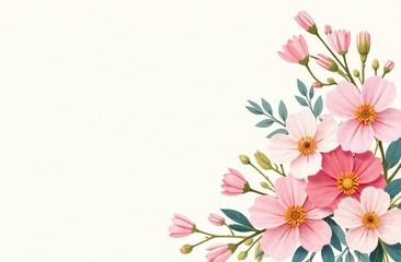 Fototapeta premium Spring flowers on a greeting card, space for text. Pastel colors.