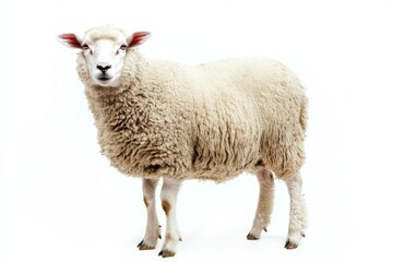 Naklejka premium Fluffy sheep standing on white background