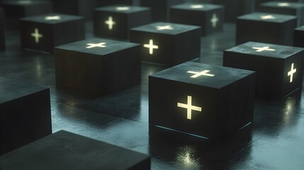 dark cubes with glowing plus signs