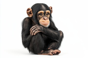 Fototapeta premium Young chimpanzee sitting, pensive expression.