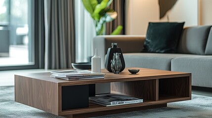 Modern coffee table with a walnut wood finish, decorated with magazines and a vase. picture