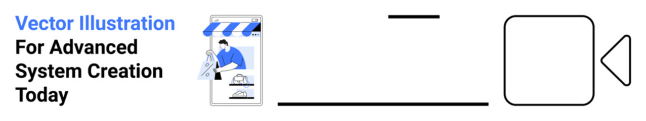 Person designing systems with multimedia interfaces, storefront, video elements, and visual guides. Ideal for technology, education, e-commerce, business, multimedia tools branding flat landing