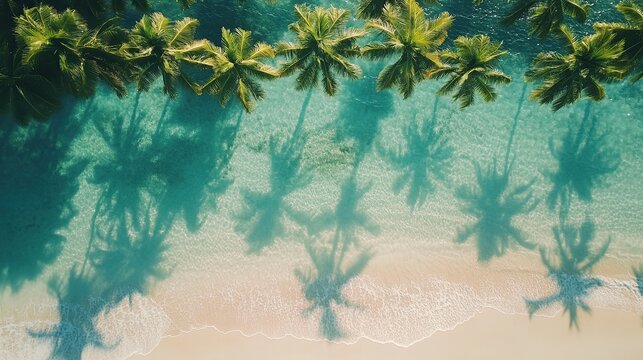 Aerial view Tropical beach, palm trees, ocean, shadows, travel