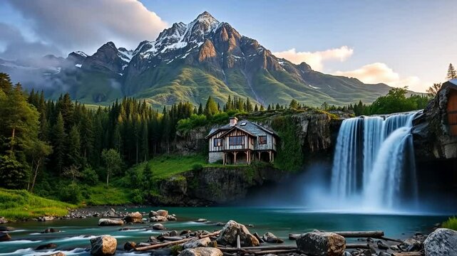 Stunning Waterfall House Mountain Landscape 4K Video