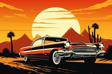 Vintage car cruising through a desert landscape at sunset near mountains. Generative AI