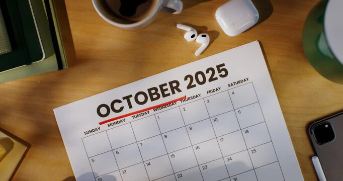 The woman highlights the name of the month in the calendar with a red marker. Close-up of her hand, unrecognizable person