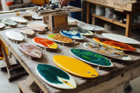 An inviting workshop filled with vibrant, artfully crafted surfboards, capturing the passion and creativity involved in designing unique surf gear for enthusiasts.