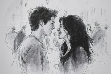 Fototapeta premium Romantic pencil sketch of a young couple smiling and looking at each other in a crowded place, concept of love and relationship