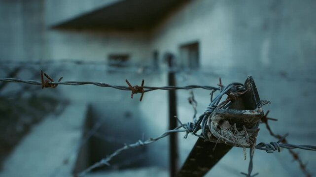 Close up shot of barbed wire near old war bunker