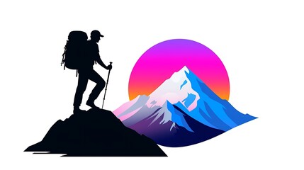 Silhouette Hiker Trekking on Mountain Peak at Vibrant Sunset