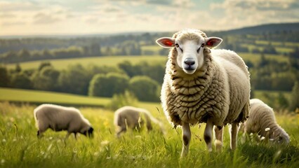 Fototapeta premium fluffy sheep Grazing in a Meadow on a Summer Sunny Day: Illustration for National Farm Animals Day