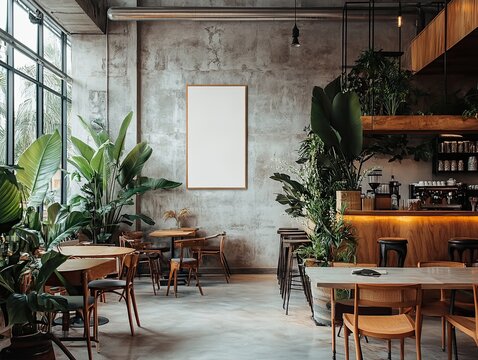 Modern cafe interior, plants, large window, concrete wall, mockup poster.