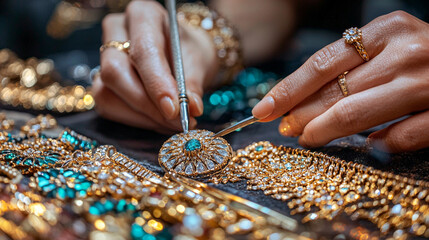 Artisan crafting intricate gold jewelry with emeralds, close-up