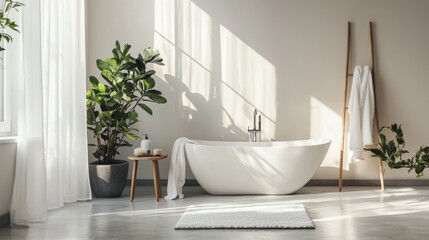 Minimalist bathroom with a white bathtub and soft lighting