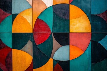 Painting of  colorful geometric patterns create visual interest on a wall in an urban setting during daytime