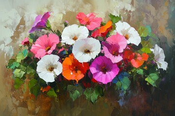 Painting of colorful bouquet of flowers in vibrant hues arranged artistically on a textured background