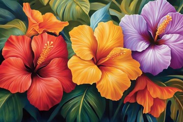Painting of  vibrant hibiscus flowers blooming in a lush garden during a sunny day