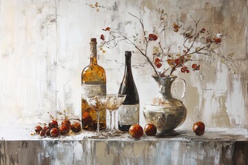Paint of still life composition featuring wine bottles, glassware, and decorative branches among fruit on a table