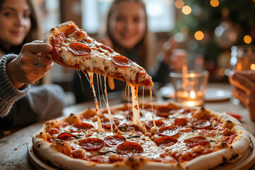 Delicious pepperoni pizza served at a cozy gathering during the evening with friends enjoying the moment