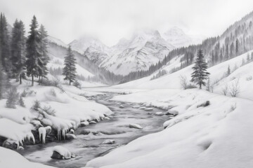 Realistic pencil sketch depicting a pristine river winding through a snow covered valley framed by majestic mountains and evergreens
