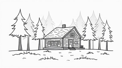 Obraz premium Minimal Line Art Illustration of a Cozy Cabin in the Woods