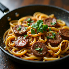 Delicious pasta with sausage and herbs served in a skillet on a wooden table