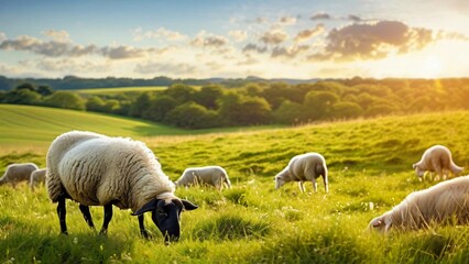 Fototapeta premium fluffy sheep Grazing in a Meadow on a Summer Sunny Day: Illustration for National Farm Animals Day